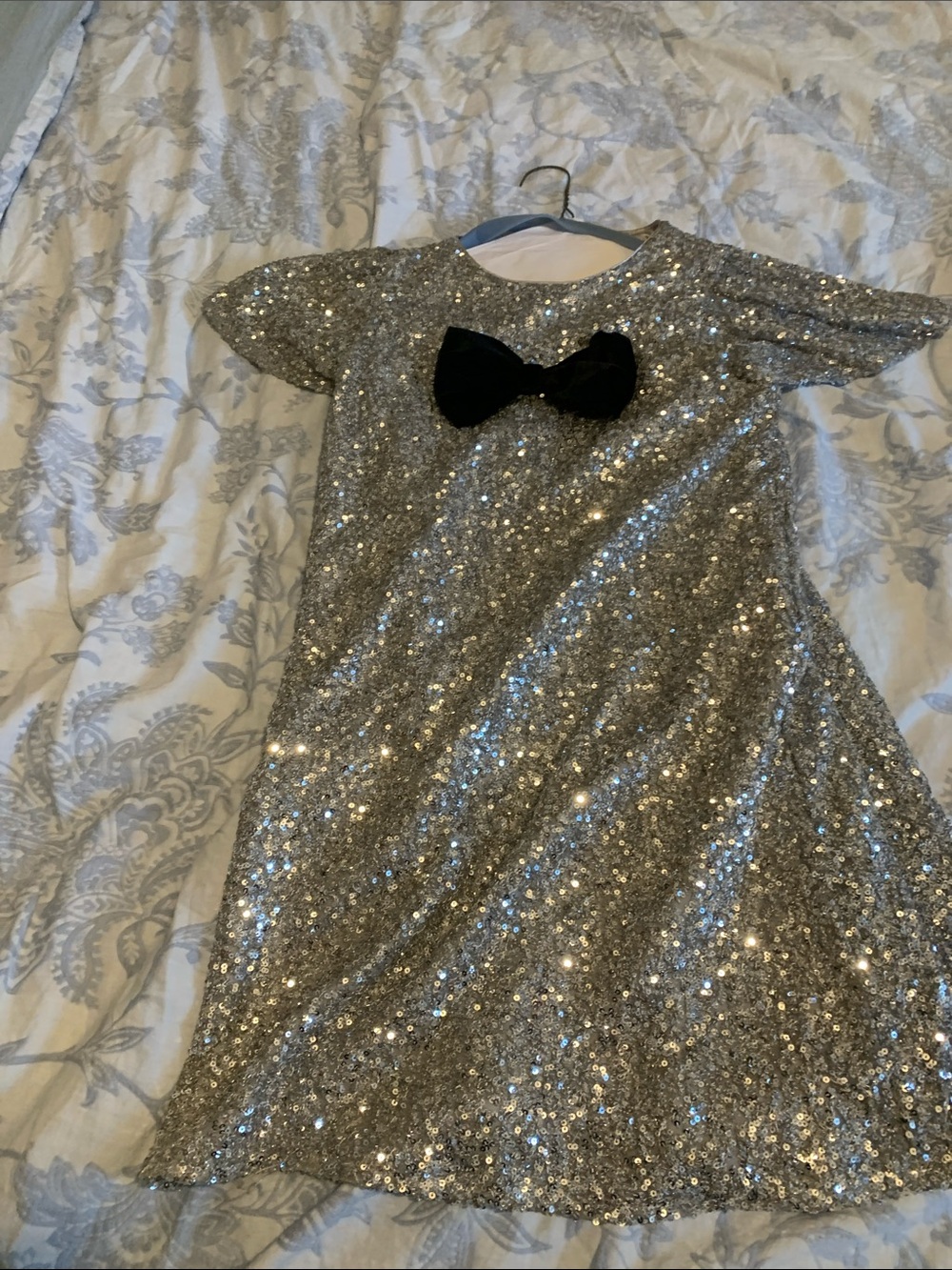 Girls Silver Sequin Dress with Black Bow